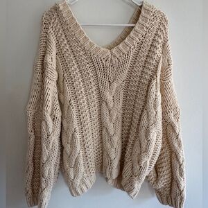 V-Neck Cable Knit Sweater - Beige Neutral